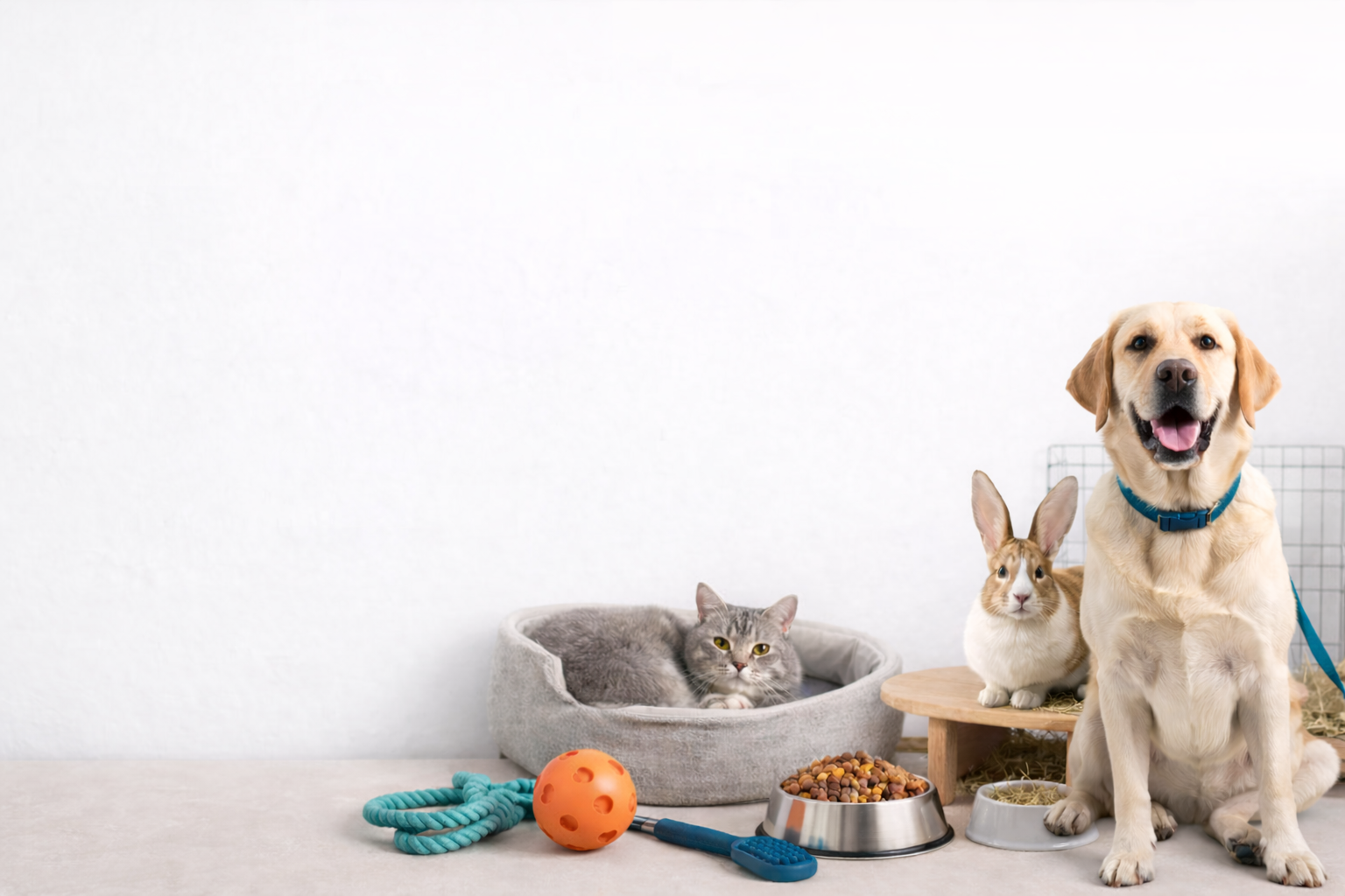 Hund und Katze mit hochwertigem Haustierzubehör in modernem Online-Shop